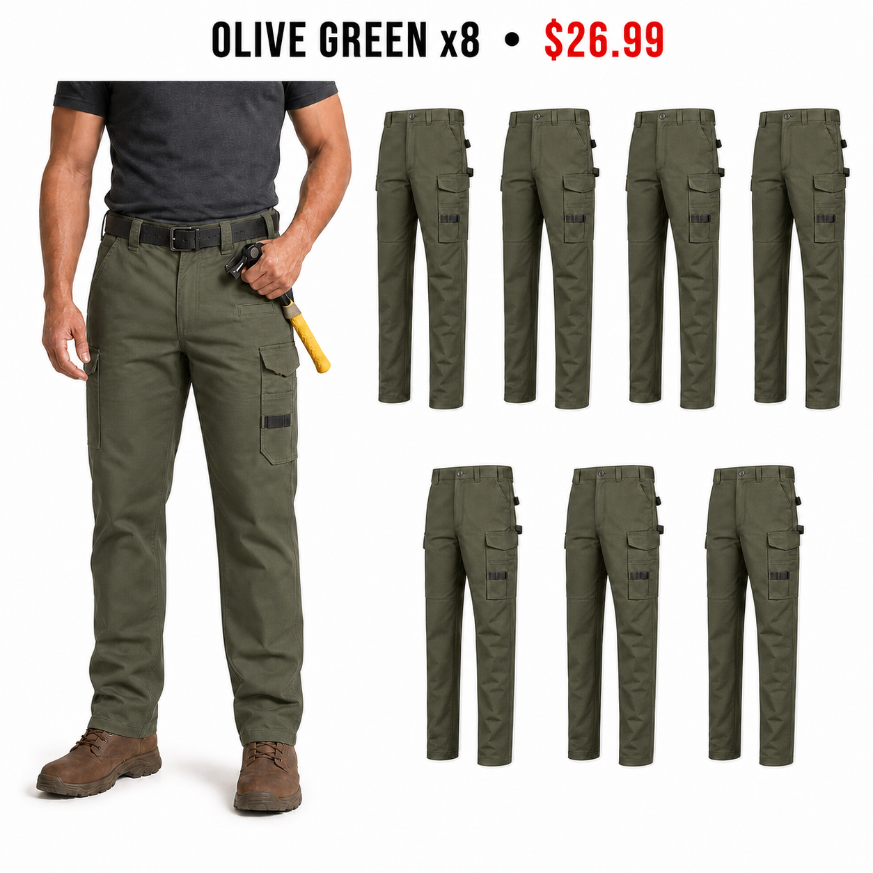 Olive Green x8 same-color work pants set showing exactly eight Olive Green pants