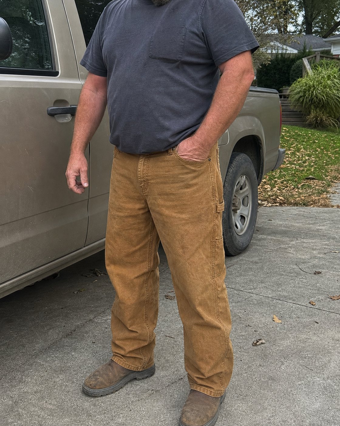 AI style inspiration wearing medium-brown loose-fit washed duck utility work pants beside a pickup truck