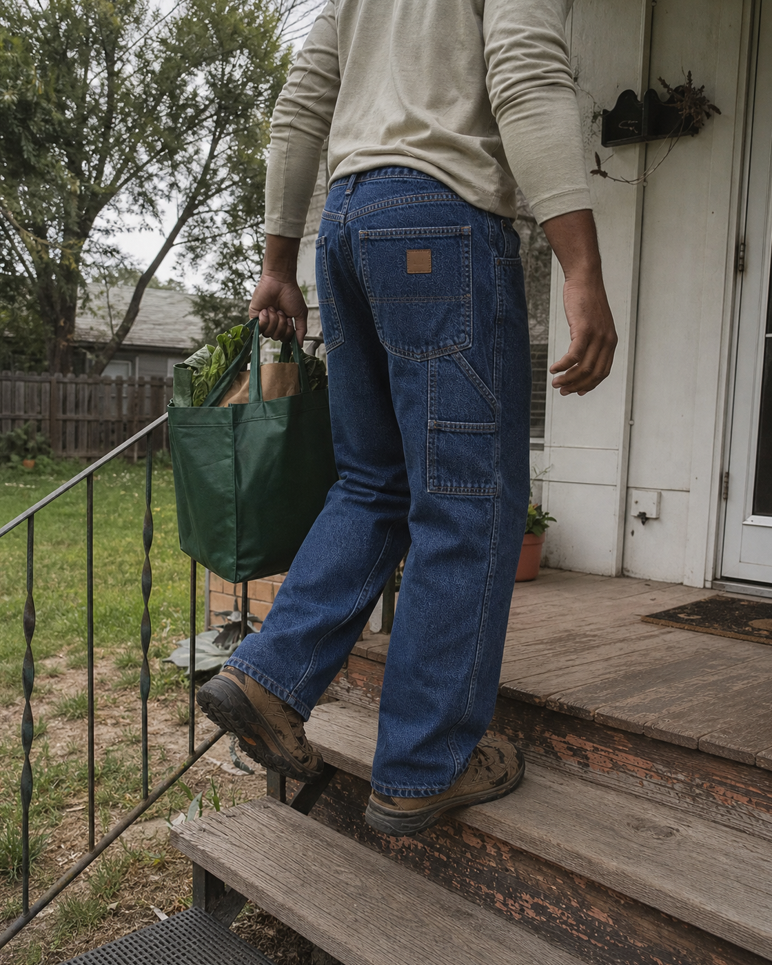 AI style inspiration wearing dark-navy loose-fit washed duck utility work pants on a back porch