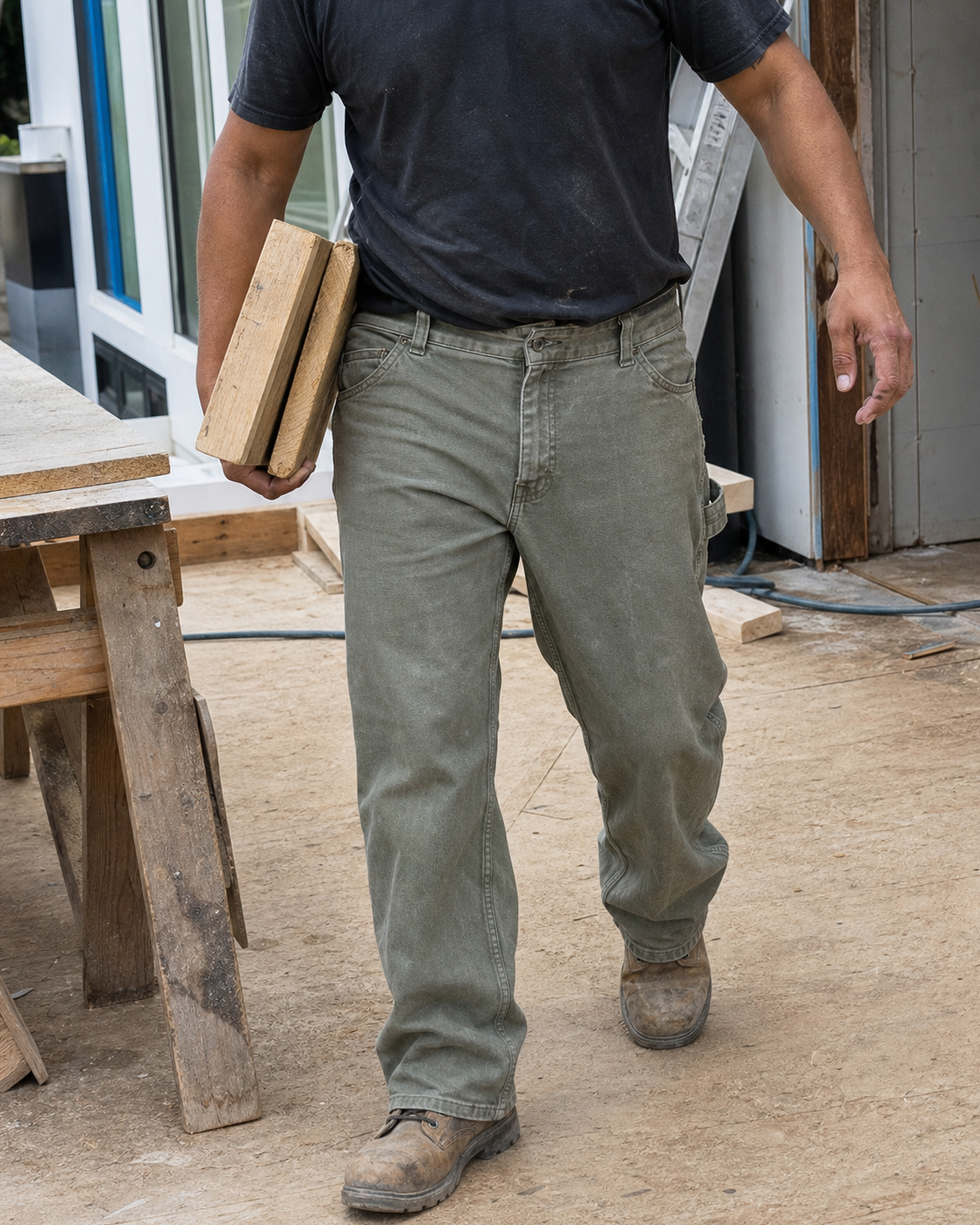 AI style inspiration wearing olive loose-fit washed duck utility work pants at a residential renovation site