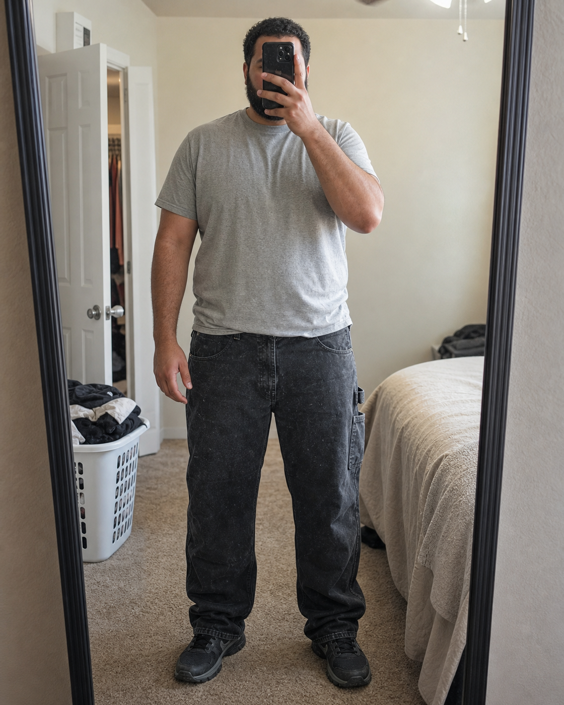 AI style inspiration mirror fit wearing washed-black loose-fit duck utility work pants at home