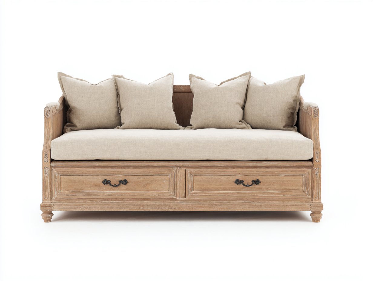 Schlafsofa 195x86x92 cm - Massivholz und Stoffbezug - Beige-Braun - Mit 2 Schubladen Vintage Design-Ritidohome