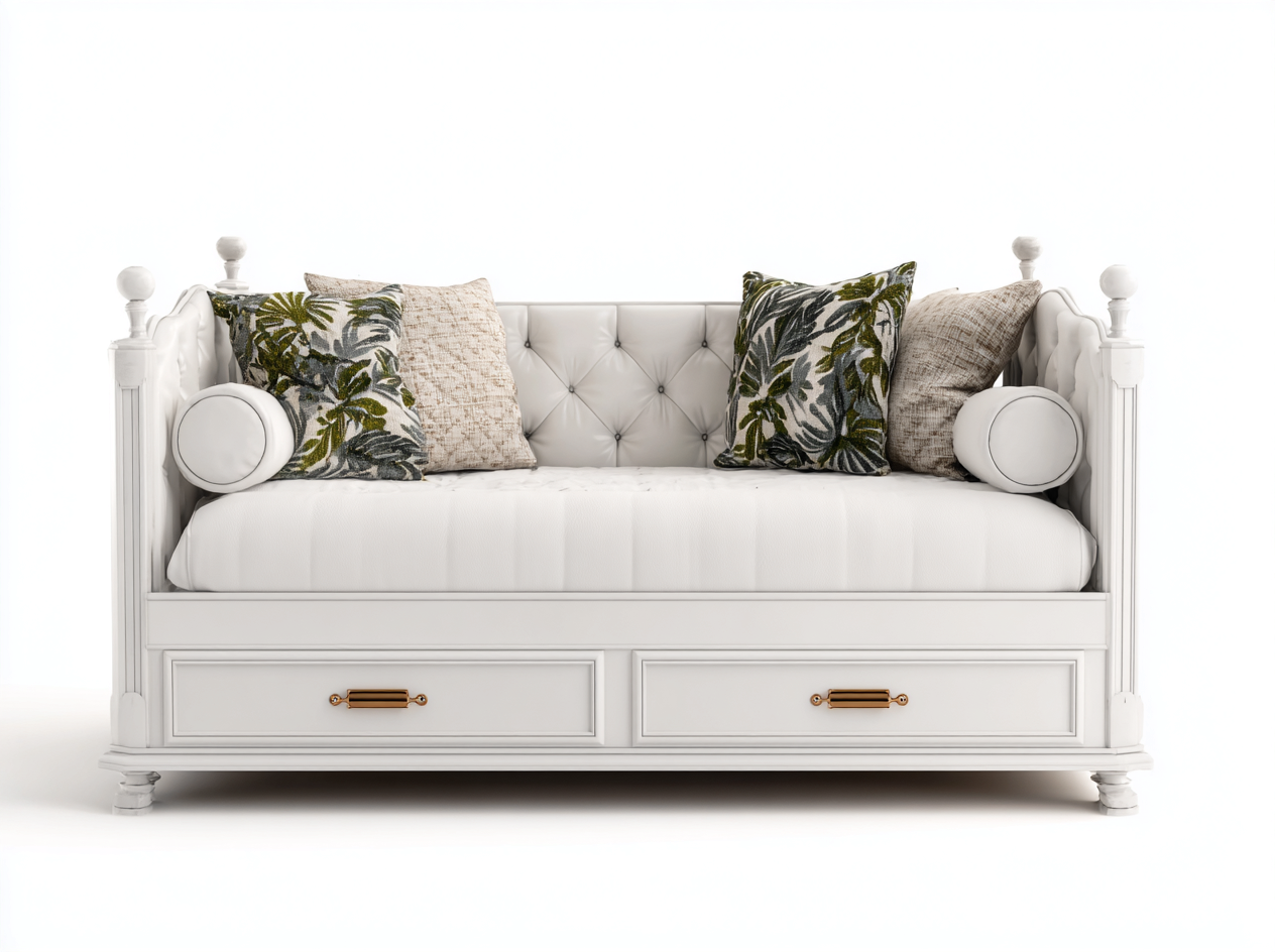 Schlafsofa Holz 208x96x92 cm - Weiß-Gold - gepolstertes Tagesbett im klassischen Design mit 2 Schubladen-Ritidohome