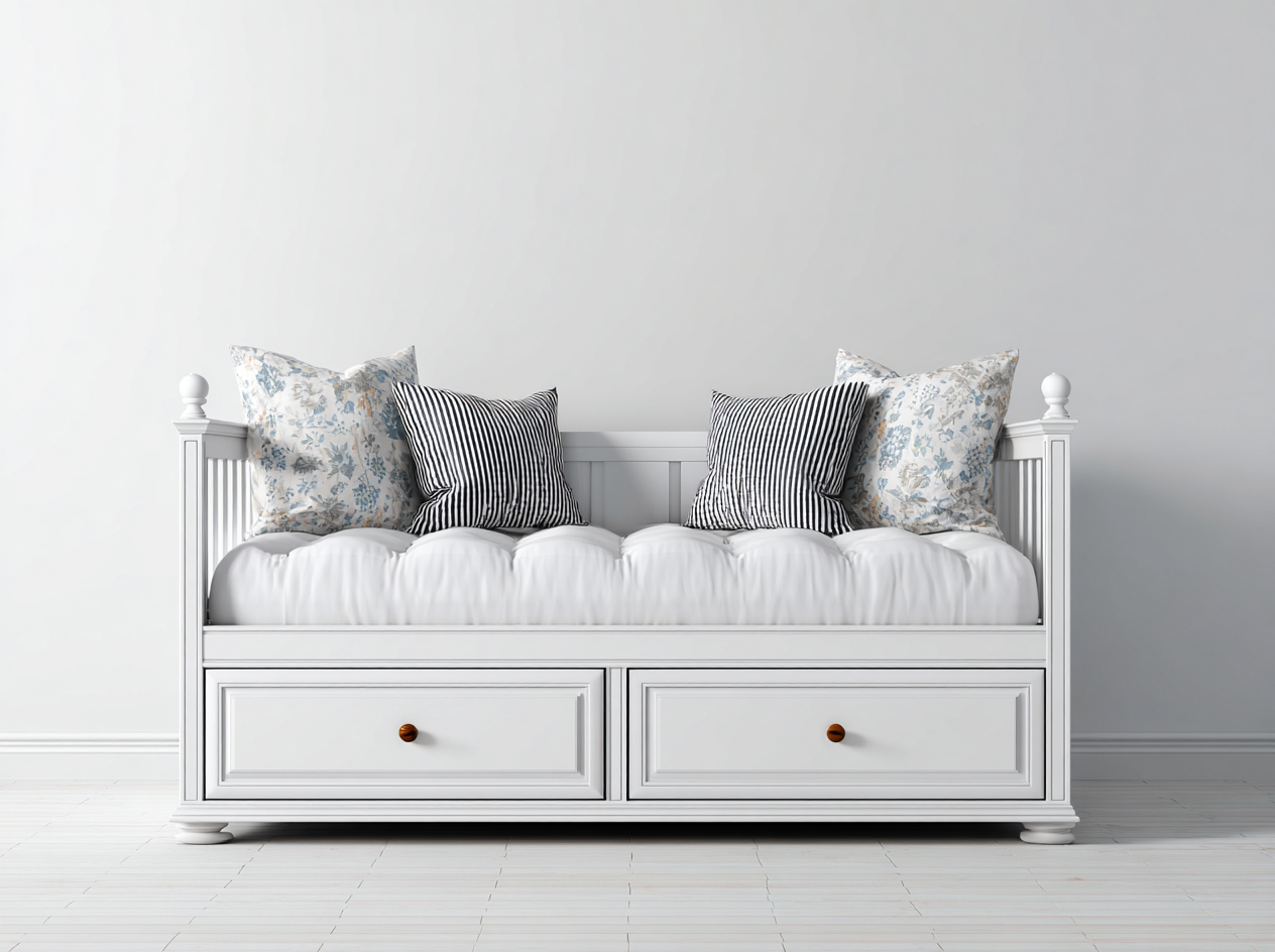Schlafsofa aus Holz 200x90x95 cm - Weiß - für Schlafzimmer - Landhausstil mit 2 Schubladen-Ritidohome