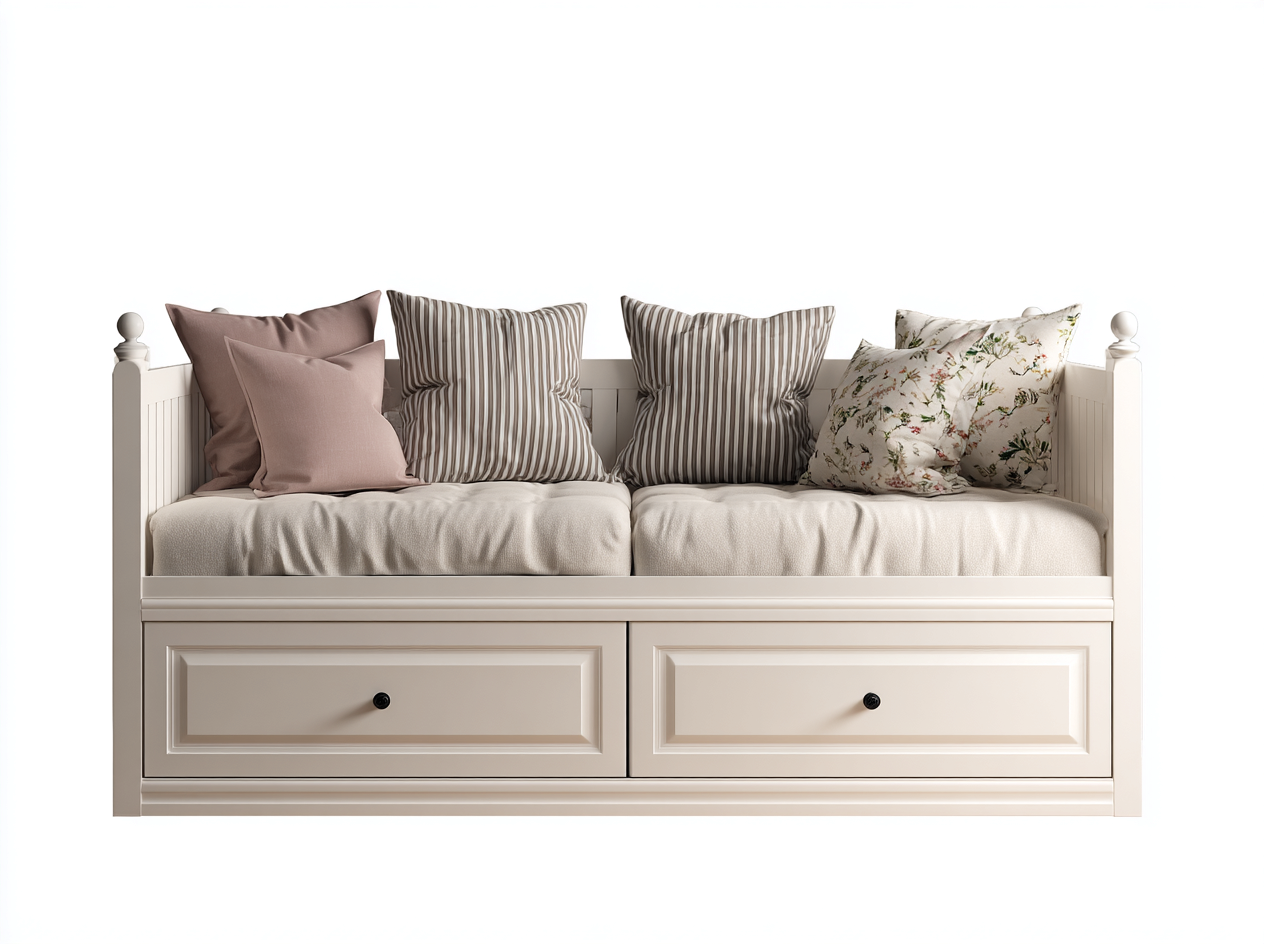 Schlafsofa 205x88x92 cm - Massivholz und Stoffbezug - Cremeweiß - Mit 2 Schubladen Landhaus Design-Ritidohome