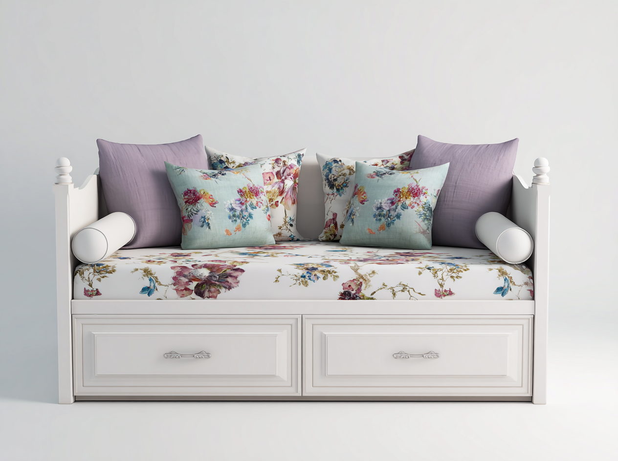 Schlafsofa aus Holz 198x92x96 cm - Weiß-Bunt - für Schlafzimmer - Landhausstil mit 2 Schubladen-Ritidohome