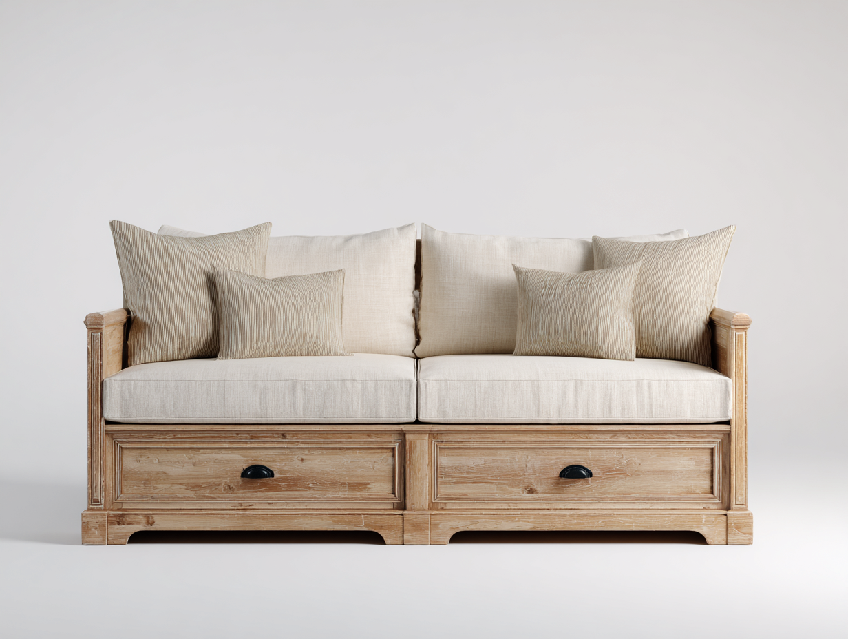 Schlafsofa Holz Stoff 210x92x88 cm Beige-Natur Landhaus Design mit 2 Schubladen-Ritidohome