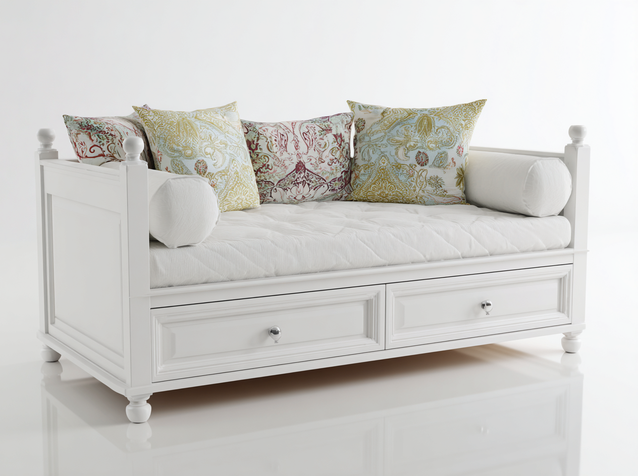 Schlafsofa 208x88x92 cm - Massivholz und Stoffbezug - Weiß - Mit 2 Schubladen Klassisches Design-Ritidohome