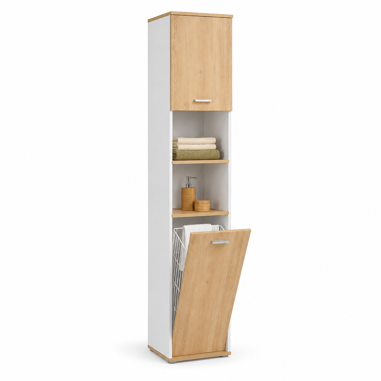 Bad Hochschrank Weiß Eiche 40x35x180 cm mit Wäschefach und offenen Nischen-FurnaroHome