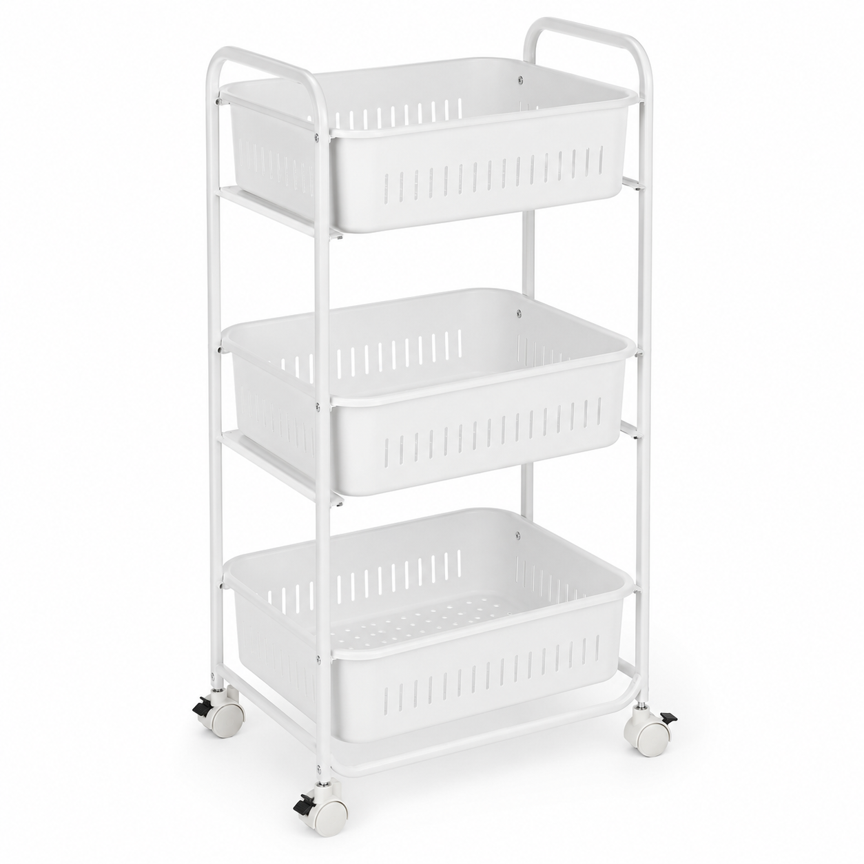 Bad Rollwagen Weiß 42x32x80 cm mit drei Körben und feststellbaren Rollen-FurnaroHome