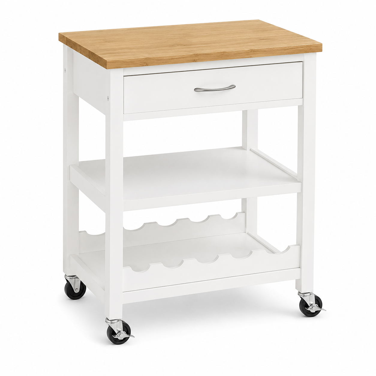 Küchenwagen Weiß Natur 67x38x86 cm mit Arbeitsplatte und Flaschenablage-FurnaroHome