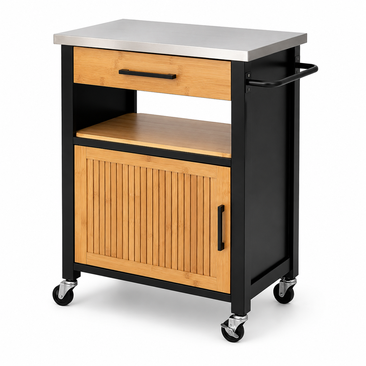 Mobiler Küchenwagen Schwarz Natur 82x46x88 cm mit Edelstahlplatte-FurnaroHome