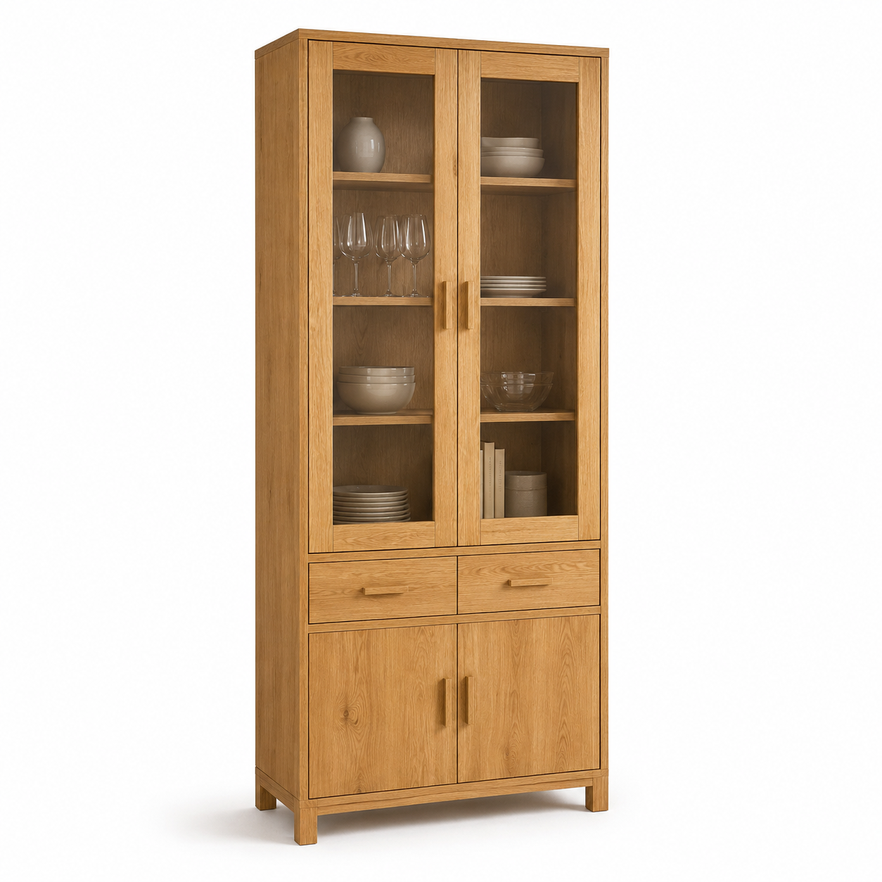 Küchenschrank Eiche Natur 80x45x180 cm mit Glastüren und Schubladen-FurnaroHome
