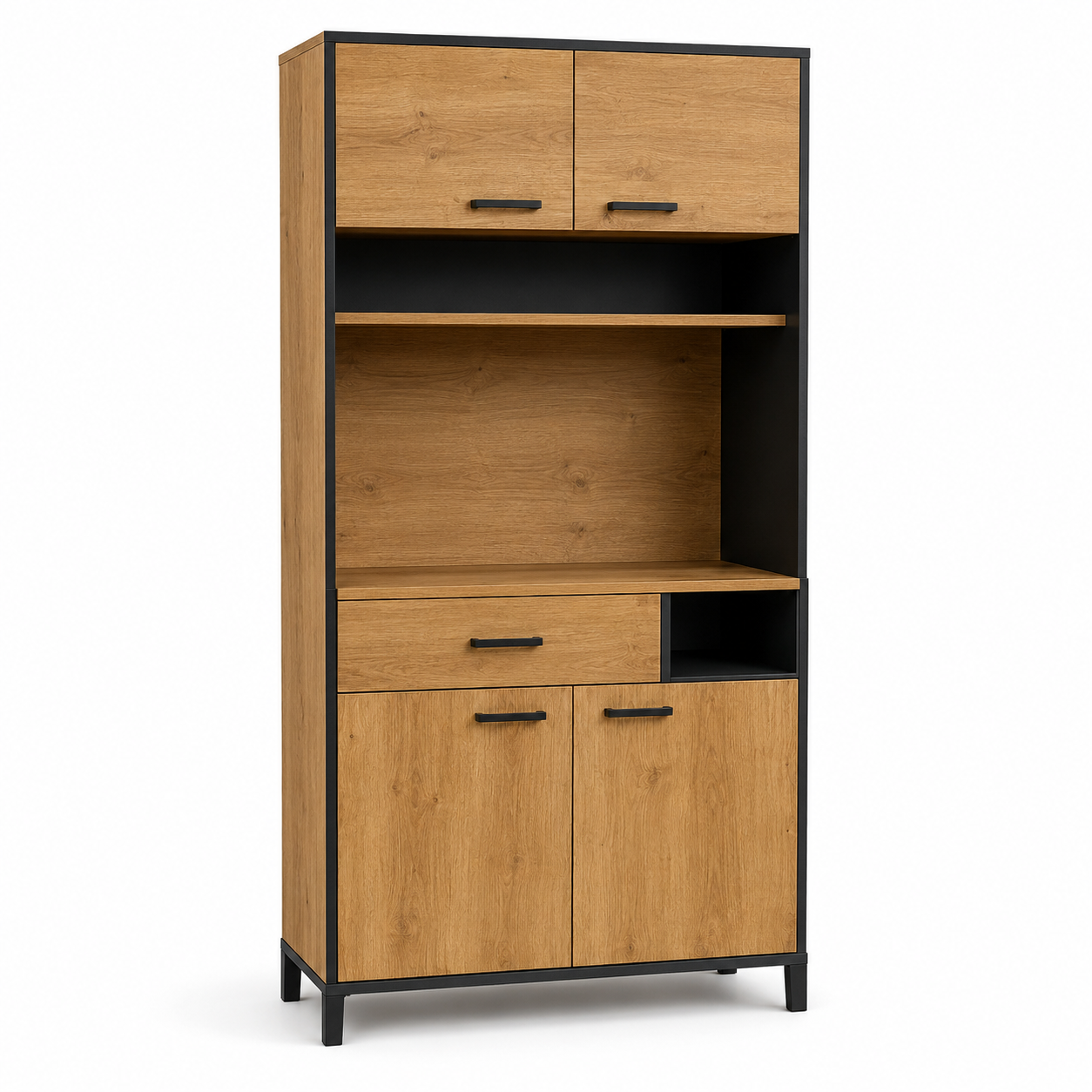Mikrowellenschrank Eiche Schwarz 90x42x160 cm mit offenen Fächern-FurnaroHome