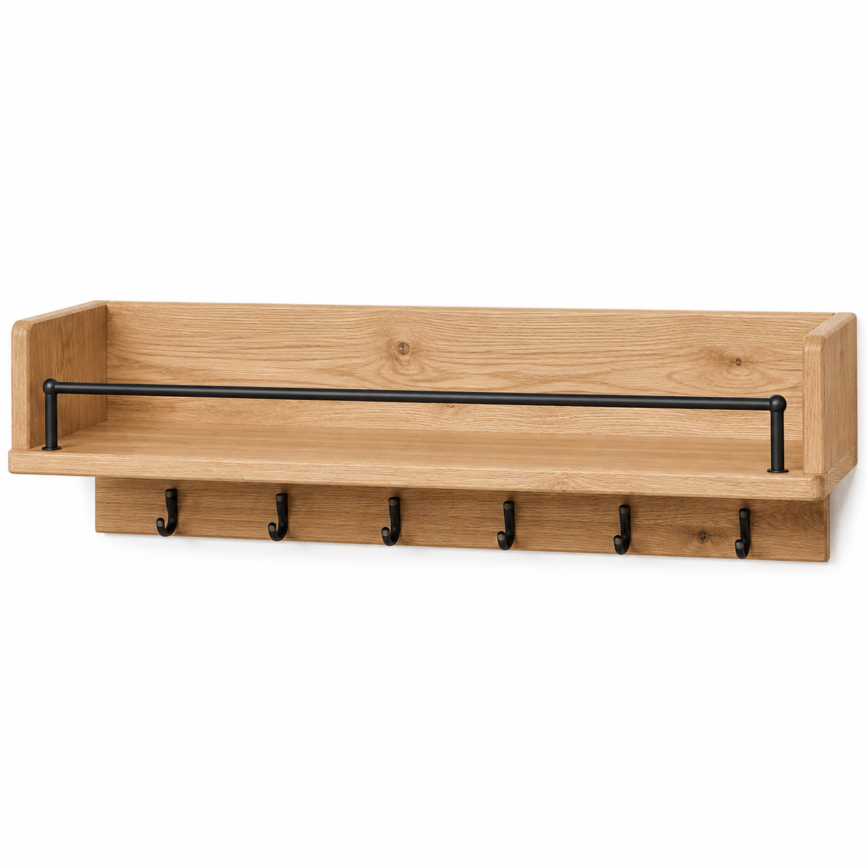 Wandregal Eiche Natur 90x20x30 cm mit Reling und Hakenleiste-FurnaroHome