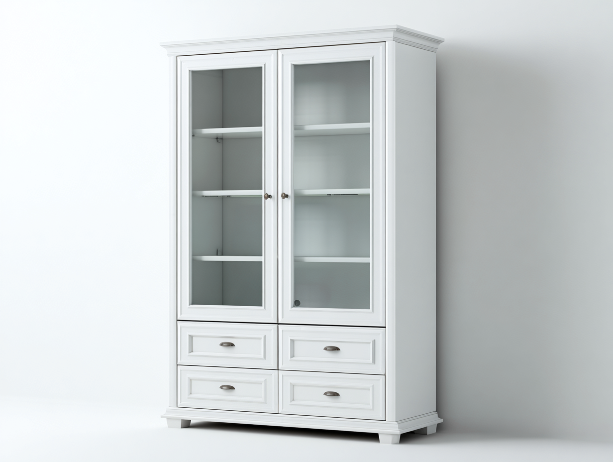 Vitrinas 100x40x190 cm madera MDF blanco con puertas de vidrio y 4 cajones vitrina salón diseño clásico-Monavahaven