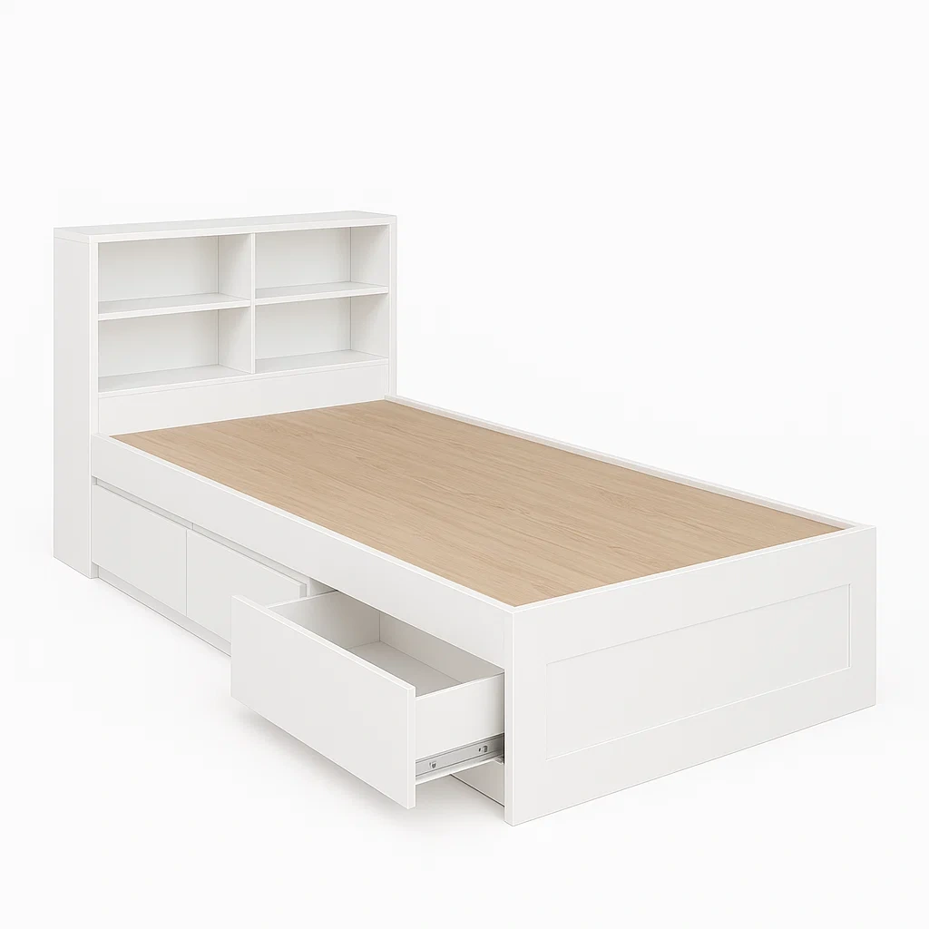 Lit simple en bois avec rangement et étagères Blanc/Bois naturel 90x200 cm-LUXFUR NITA