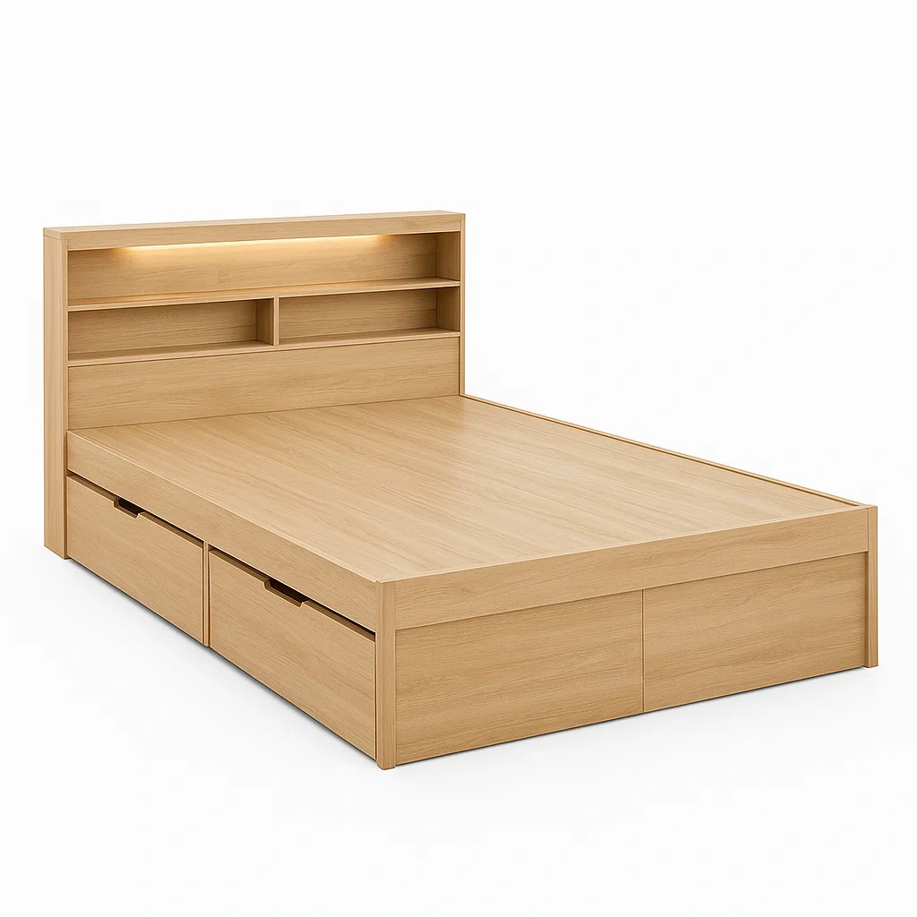 Lit en bois avec rangement intégré et étagère éclairée Chêne clair 140x190 cm-LUXFUR NITA