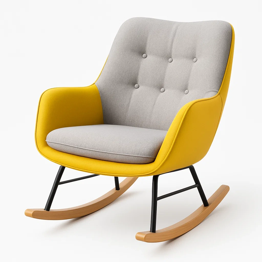 Fauteuil à bascule en tissu jauni et gris avec structure en bois et métal-LUXFUR NITA