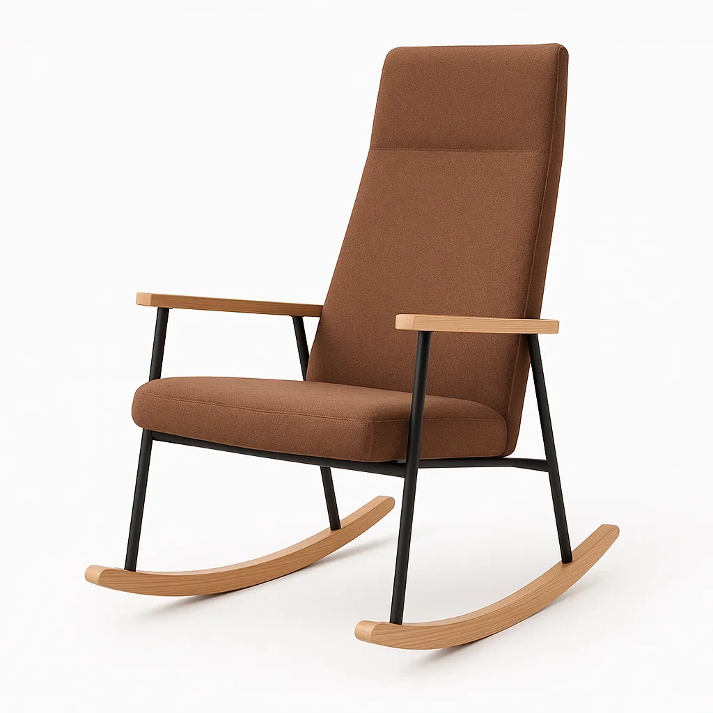 Chaise berçante en métal avec accoudoirs en bois et tissu marron-LUXFUR NITA