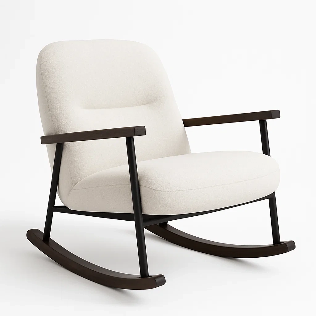 Fauteuil à bascule en tissu crème avec structure en bois et métal-LUXFUR NITA
