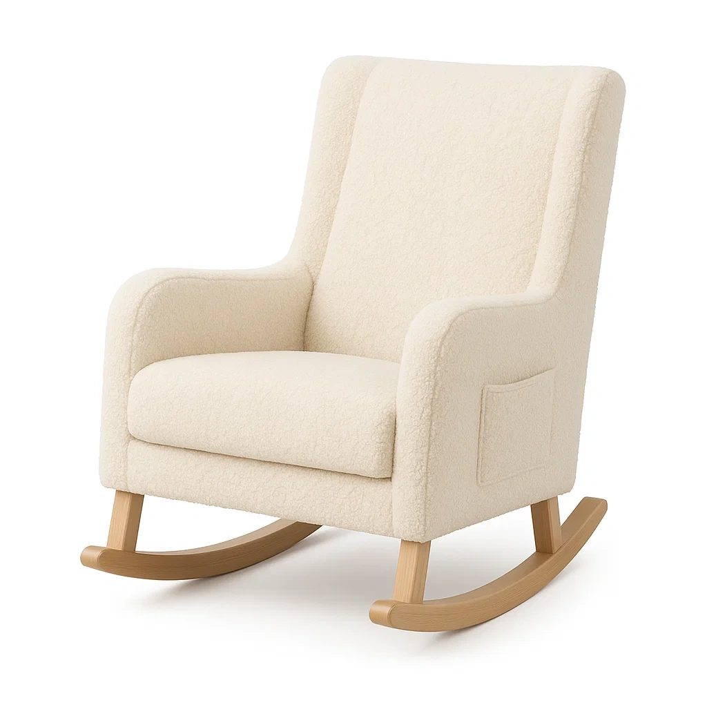 Fauteuil à Bascule en Tissu Bouclé Crème et Bois-LUXFUR NITA