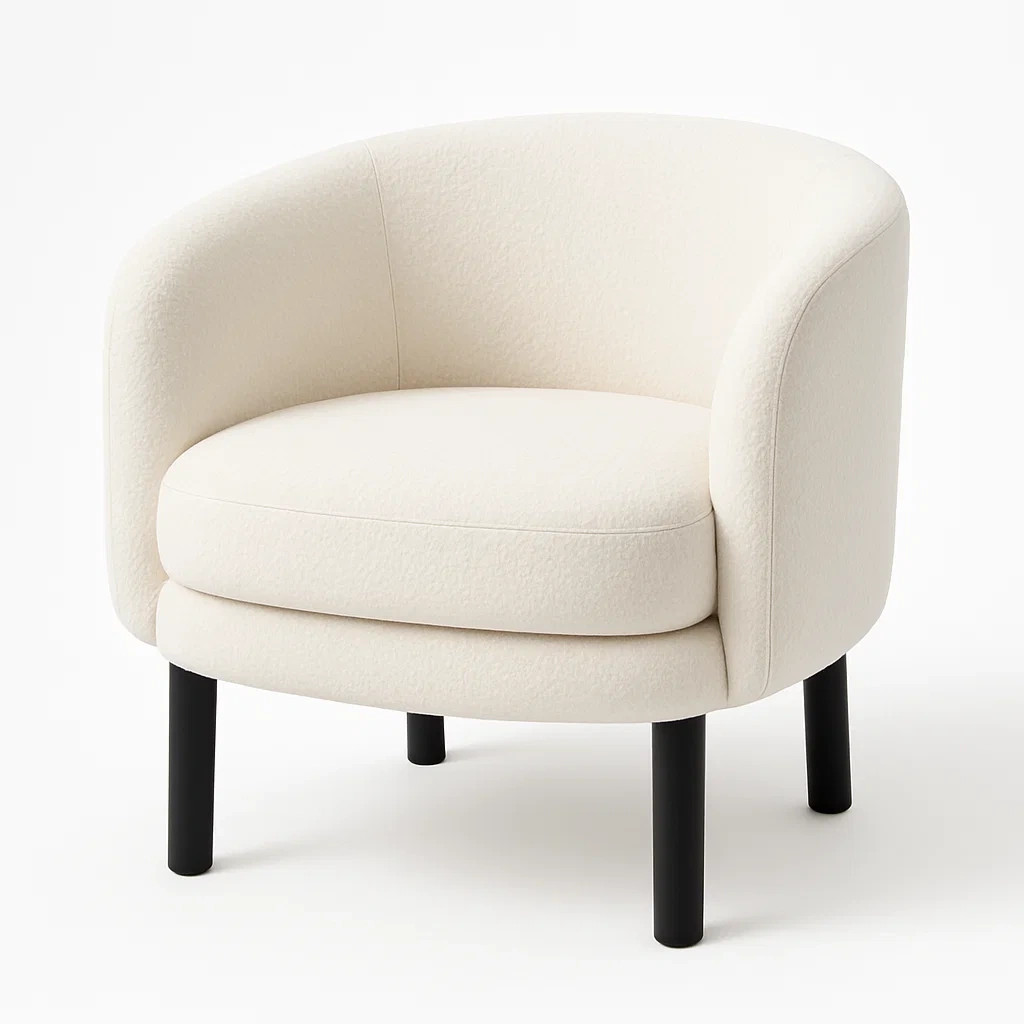 Fauteuil arrondi en tissu bouclé Blanc avec pieds en bois-LUXFUR NITA