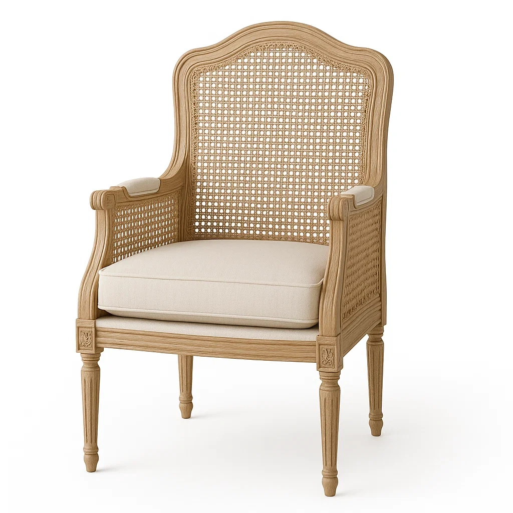 Fauteuil en bois avec dossier en rotin et coussin en lin-LUXFUR NITA