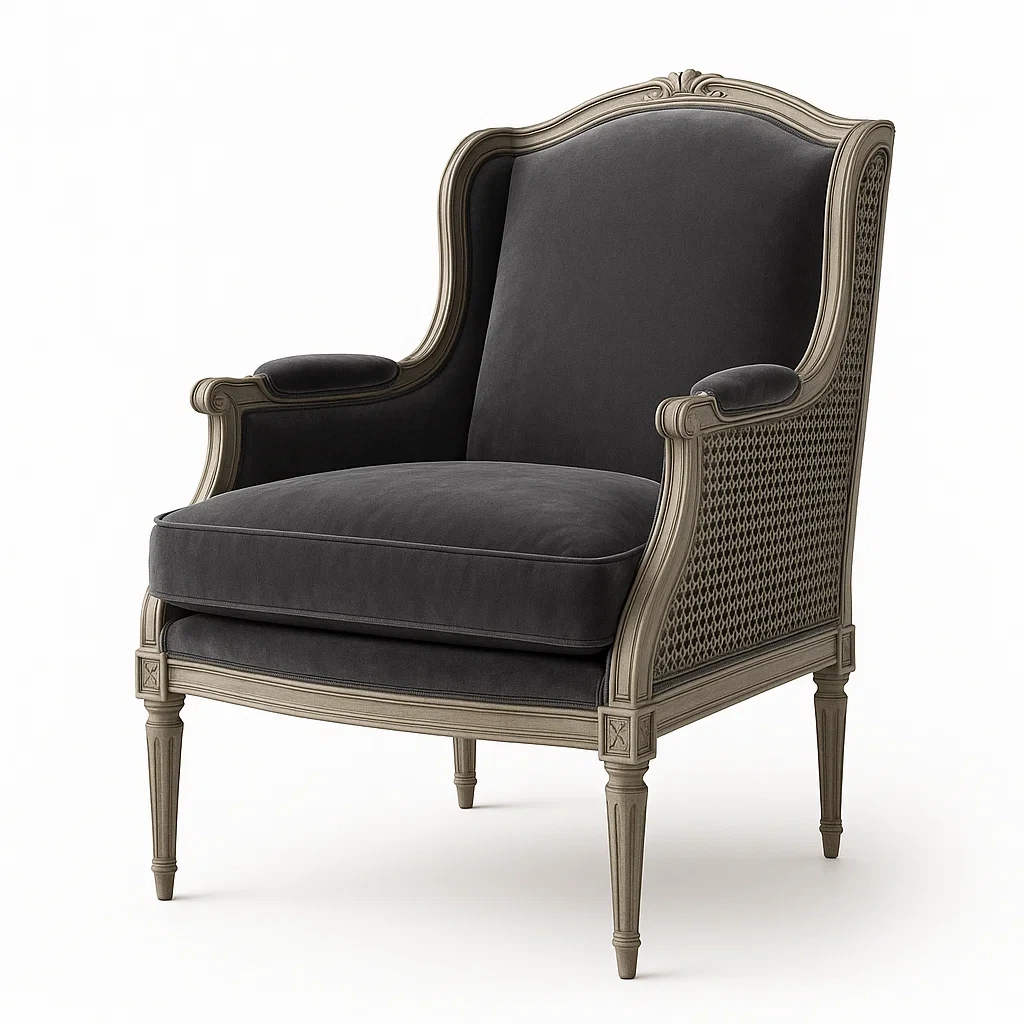 Fauteuil en Bois avec Cannage et Velours Gris-LUXFUR NITA