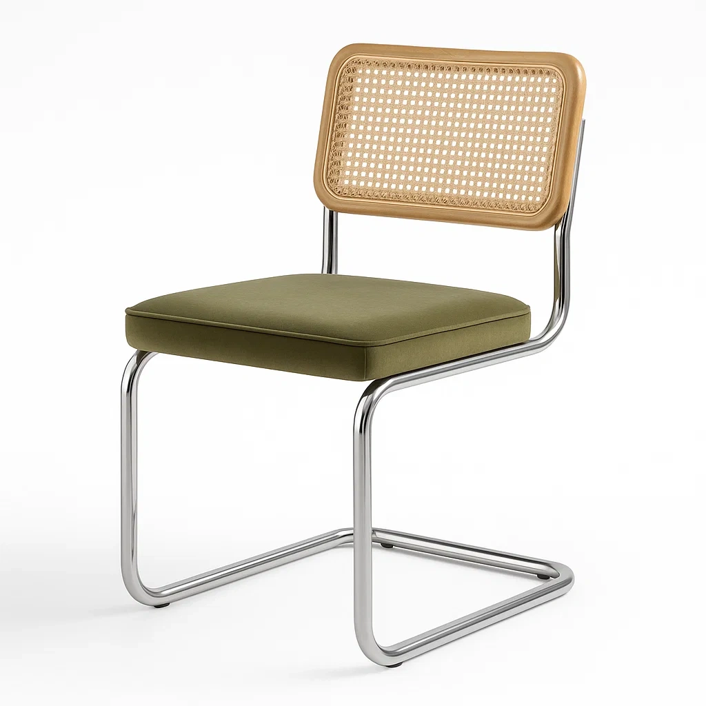 Chaise en métal avec siège en tissu vert et dossier en rotin-LUXFUR NITA