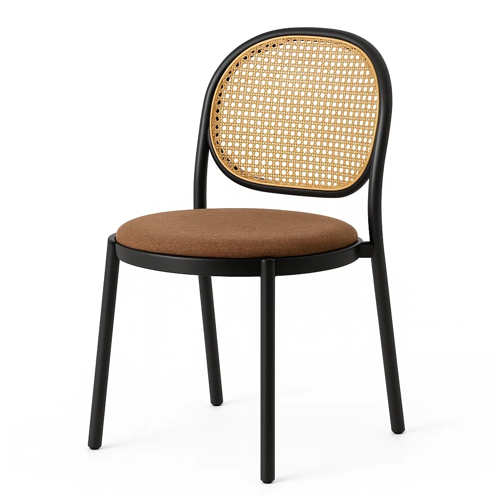 Chaise en métal avec dossier en rotin et assise en tissu marron-LUXFUR NITA