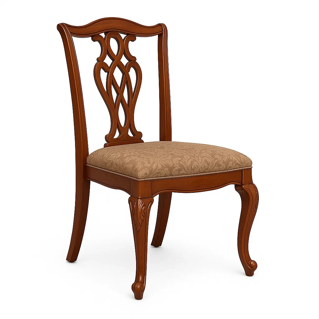 Chaise en bois sculpté brun avec assise en tissu beige-LUXFUR NITA