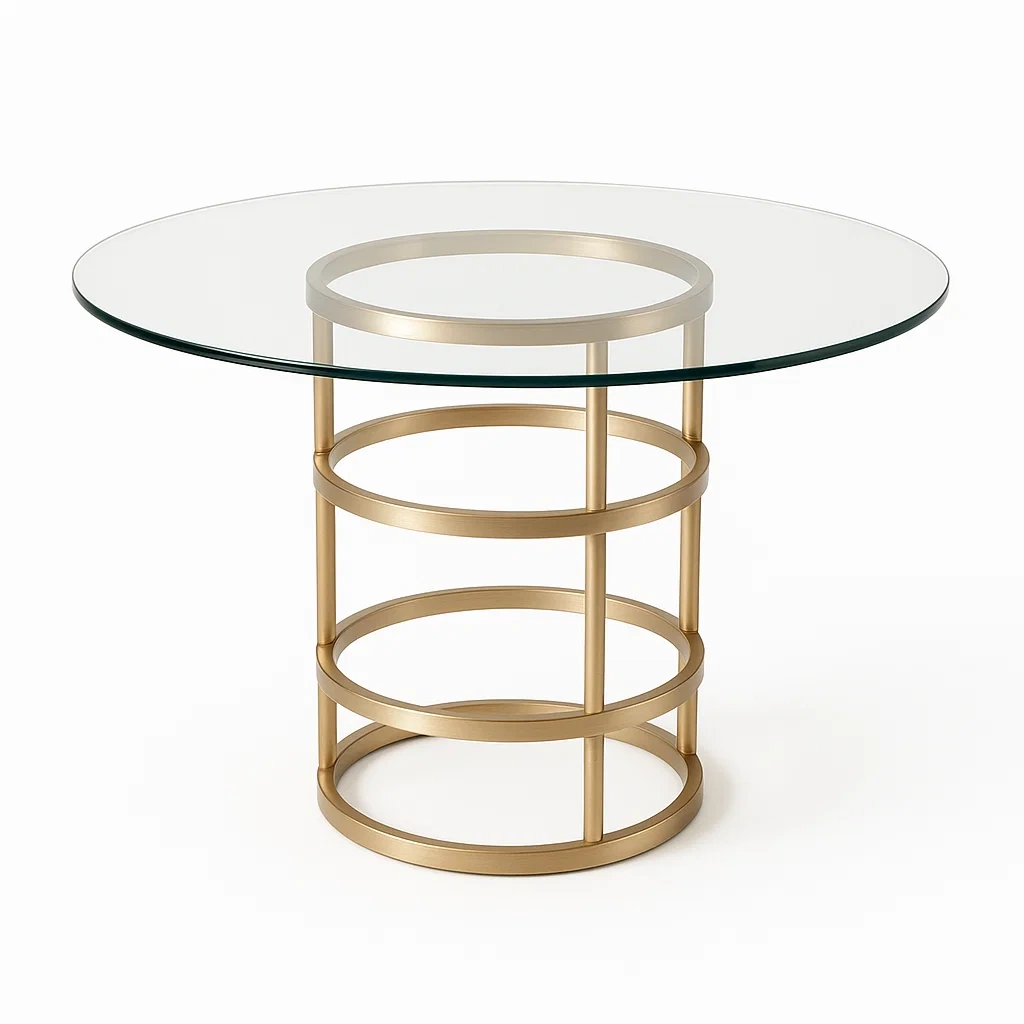 Table ronde en verre trempé avec base en métal doré, diamètre 120 cm-LUXFUR NITA