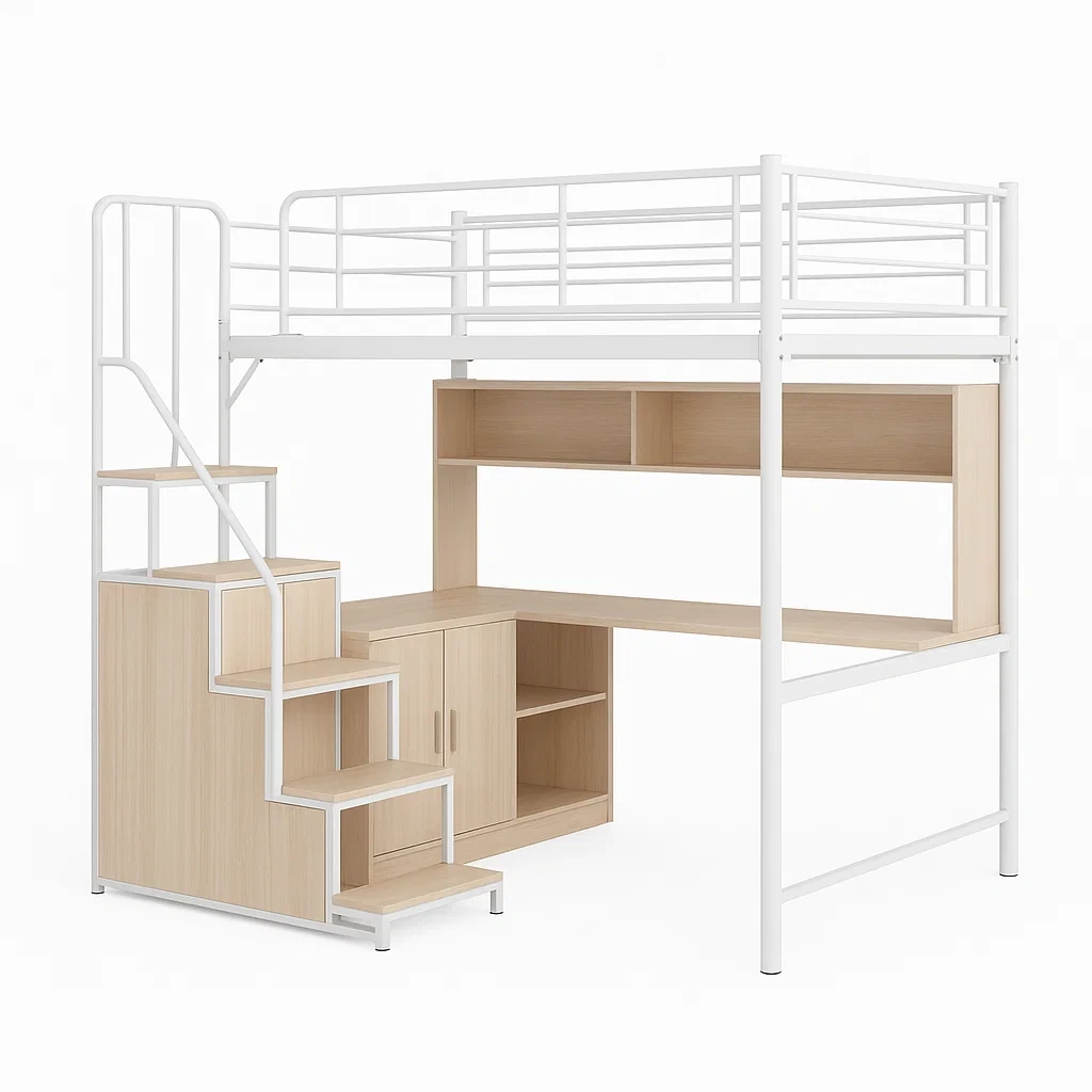 Lit mezzanine en métal et bois avec bureau et espace de rangement-LUXFUR NITA