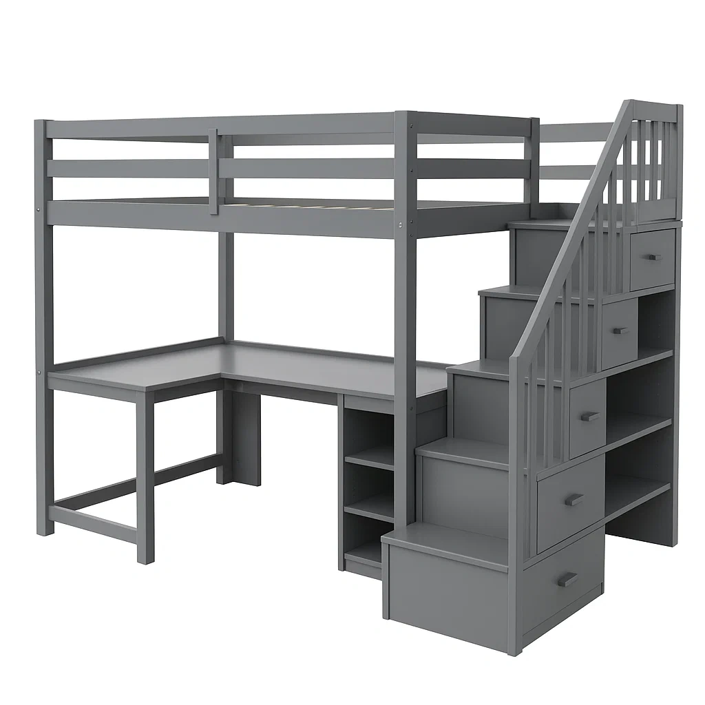 Lit mezzanine en bois gris avec bureau et escalier de rangement-LUXFUR NITA