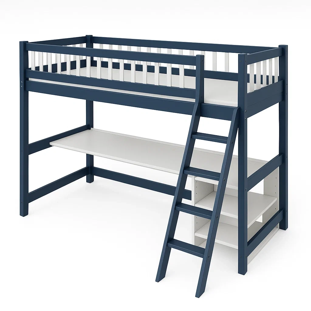 Lit mezzanine en bois avec bureau et étagères Bleu/Blanc-LUXFUR NITA