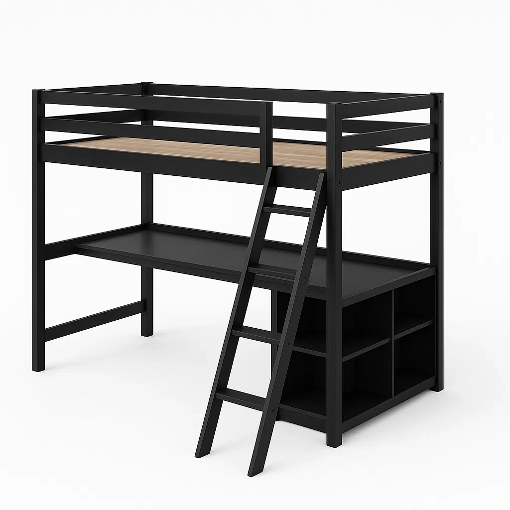 Lit mezzanine en métal noir et contreplaqué avec bureau et étagères-LUXFUR NITA