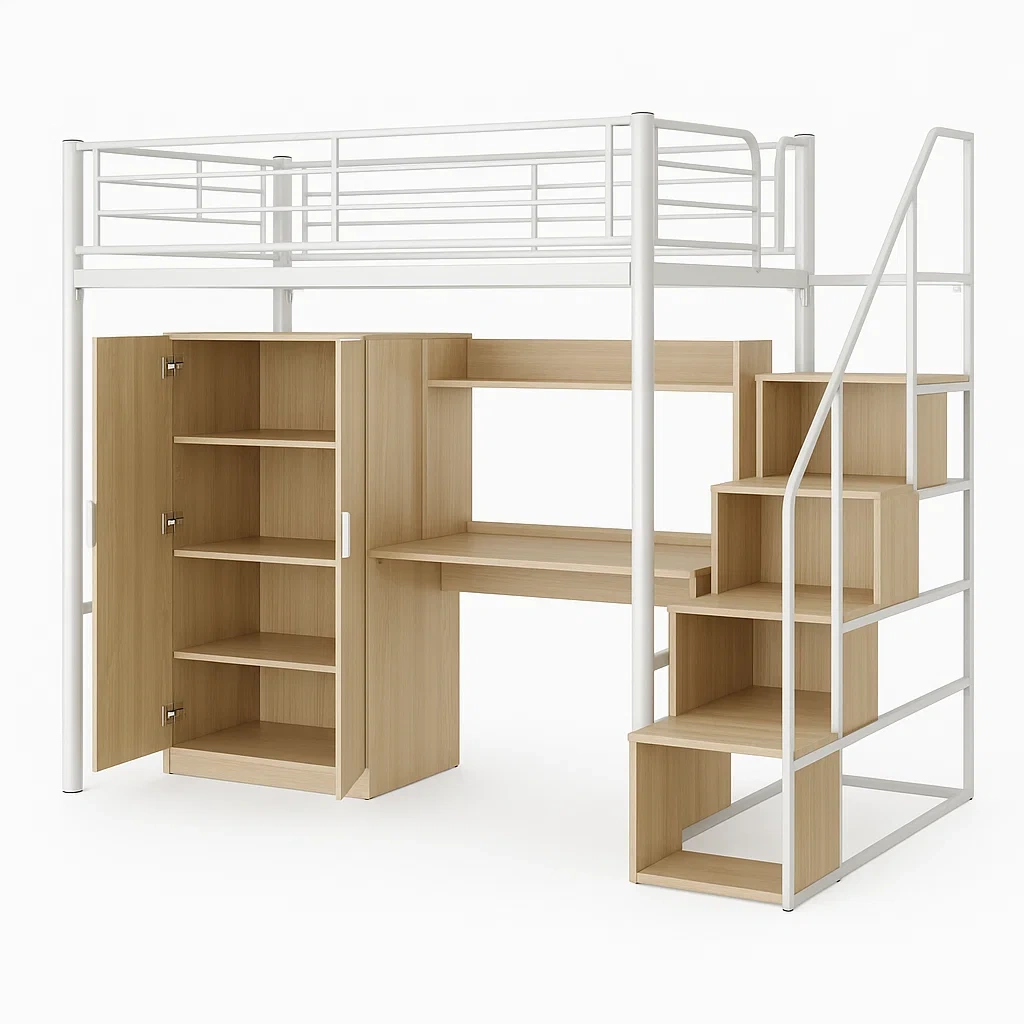 Lit mezzanine en métal et bois avec bureau intégré et espace de rangement-LUXFUR NITA