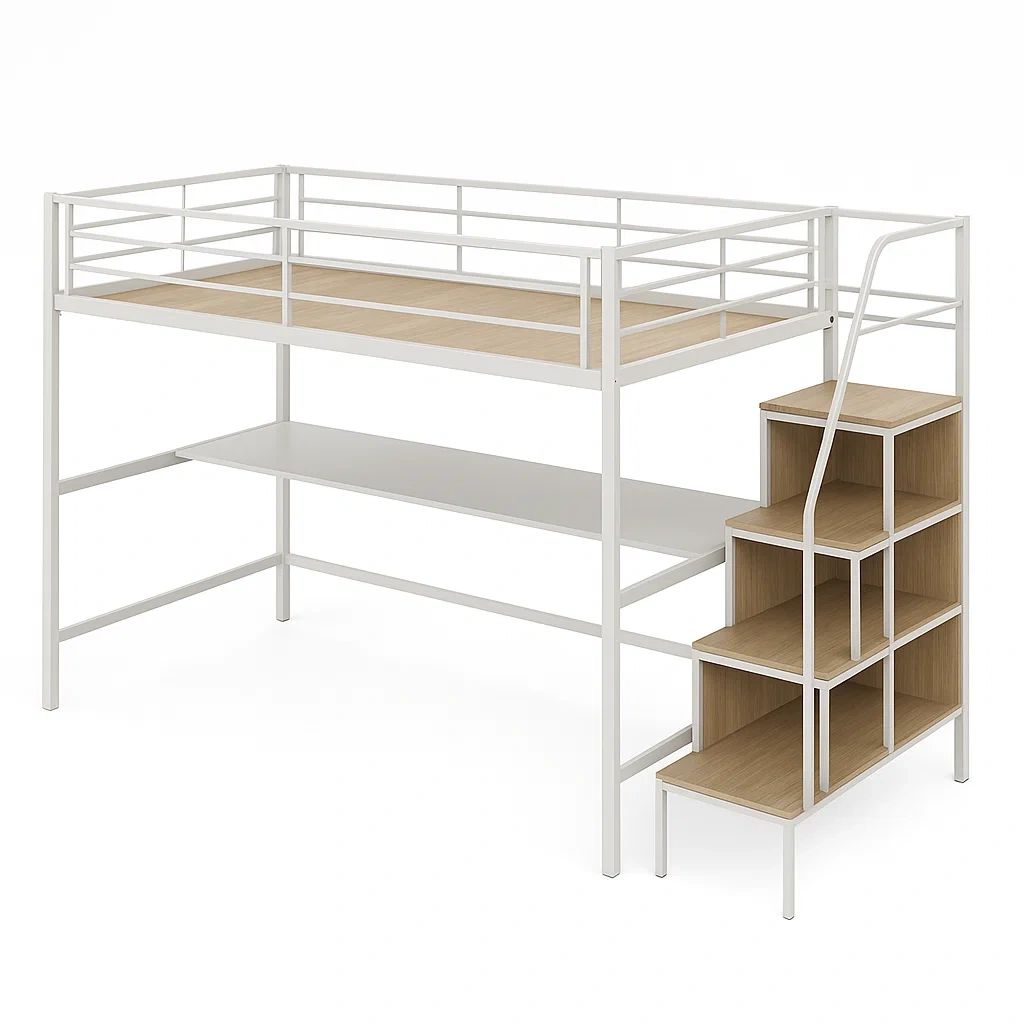 Lit mezzanine en métal avec escalier en panneaux bois et bureau intégré-LUXFUR NITA