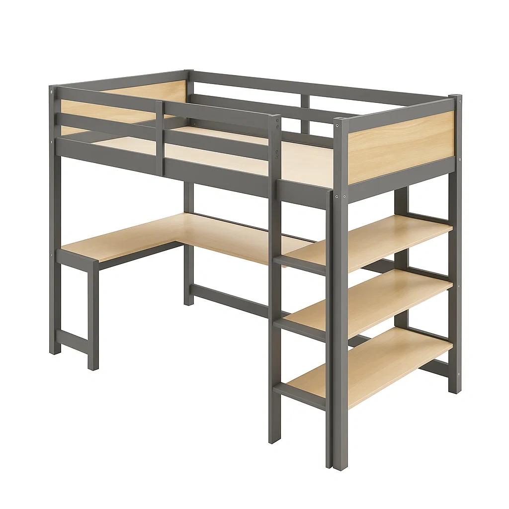 Lit mezzanine en métal et bois avec bureau et étagères intégrés-LUXFUR NITA