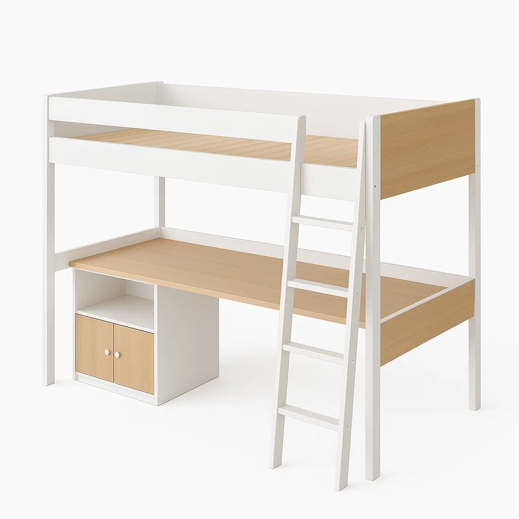 Lit mezzanine avec bureau et étagère en bois MDF Blanc et Chêne-LUXFUR NITA