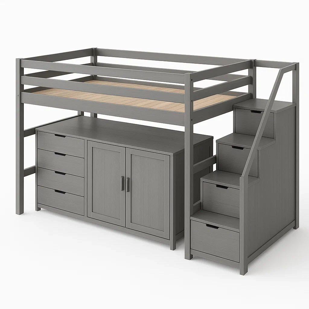 Lit mezzanine en bois avec rangement intégré et échelle-LUXFUR NITA