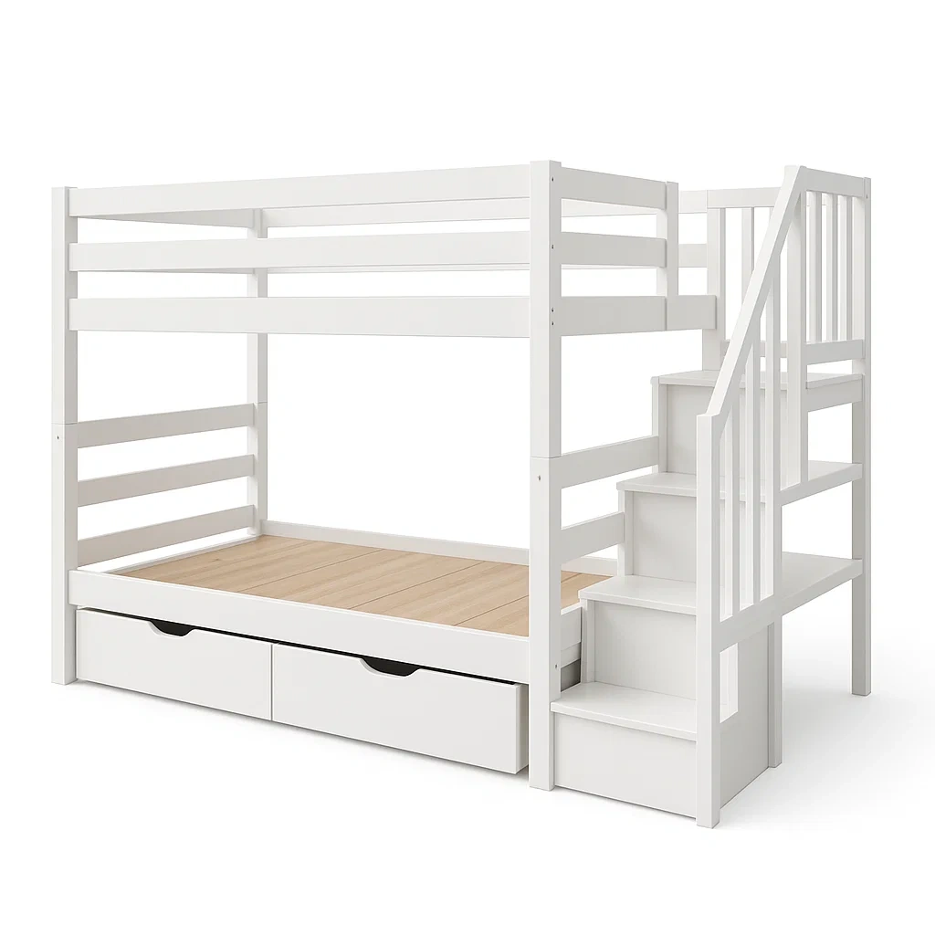 Lit superposé en bois avec escaliers et tiroirs, Blanc-LUXFUR NITA