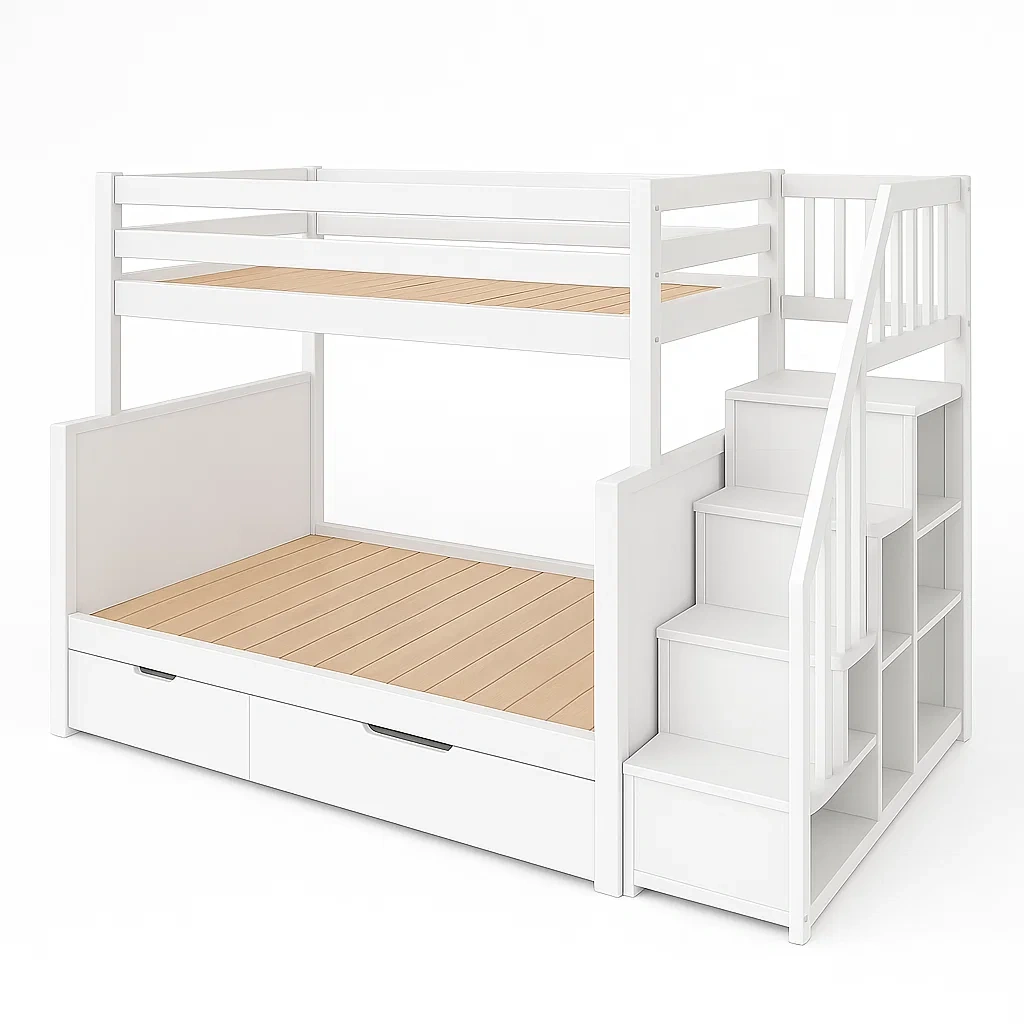 Lit superposé en bois blanc avec échelle et tiroirs-LUXFUR NITA