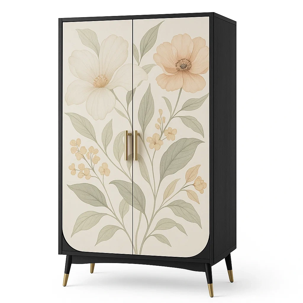 Armoire en bois à deux portes avec motif floral-LUXFUR NITA