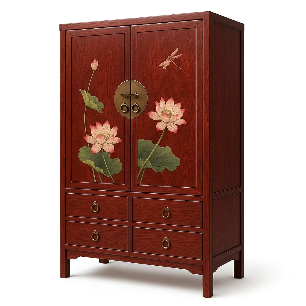 Armoire en bois avec motif de lotus et libellule, rouge-LUXFUR NITA