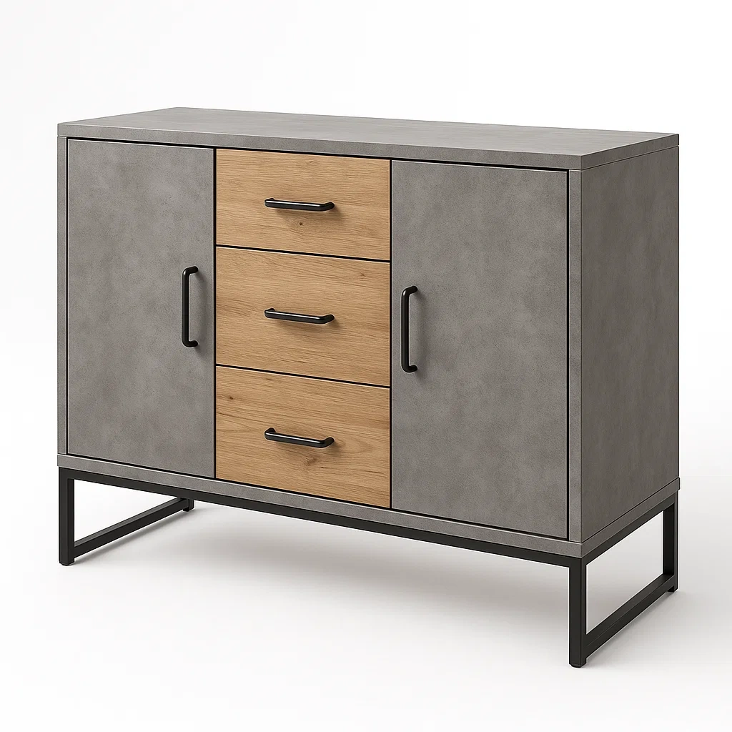 Buffet en bois et métal avec 3 tiroirs et 2 portes en gris et chêne-LUXFUR NITA