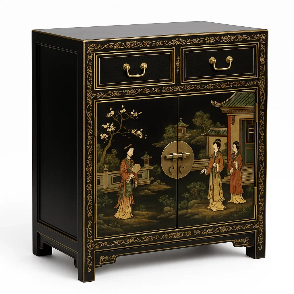 Cabinet en bois massif noir avec motifs orientaux peints à la main-LUXFUR NITA