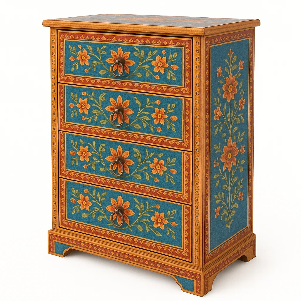 Commode en bois à 4 tiroirs avec motifs floraux-LUXFUR NITA