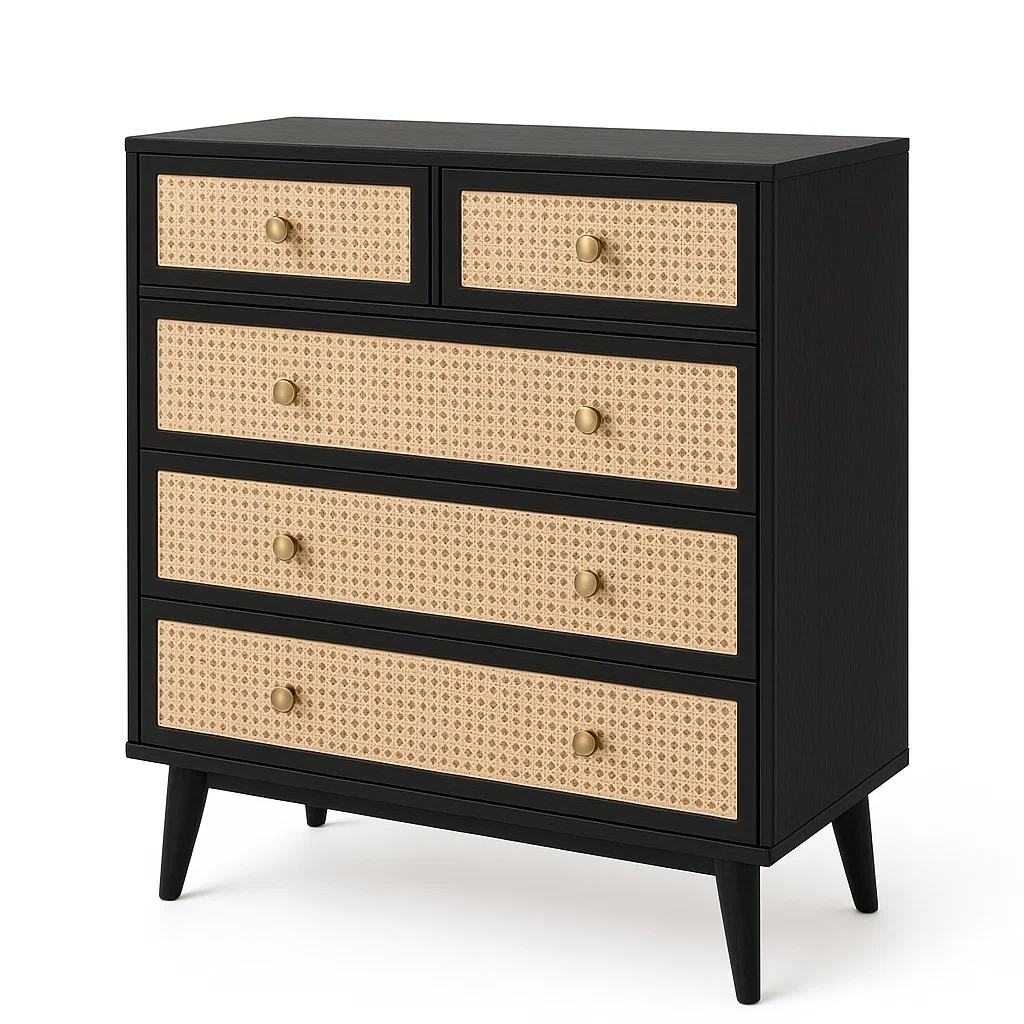Commode en Bois et Rotin Noir avec Tiroirs-LUXFUR NITA